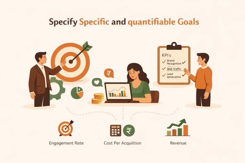 “Minimalist illustration showing professionals setting measurable marketing goals with a target board, KPI checklist, and performance metrics like engagement, cost per acquisition, and revenue, using clean earthy tones.”