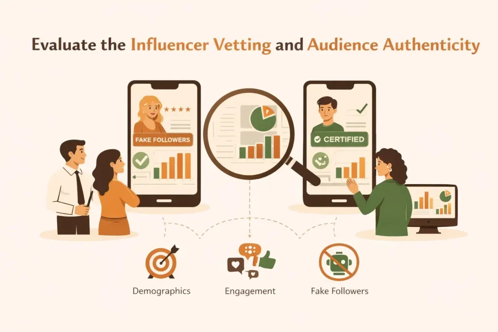 “Minimalist illustration showing professionals evaluating influencer authenticity with mobile profiles, highlighting verified accounts, fake followers detection, and audience insights like engagement and demographics in clean earthy tones.”