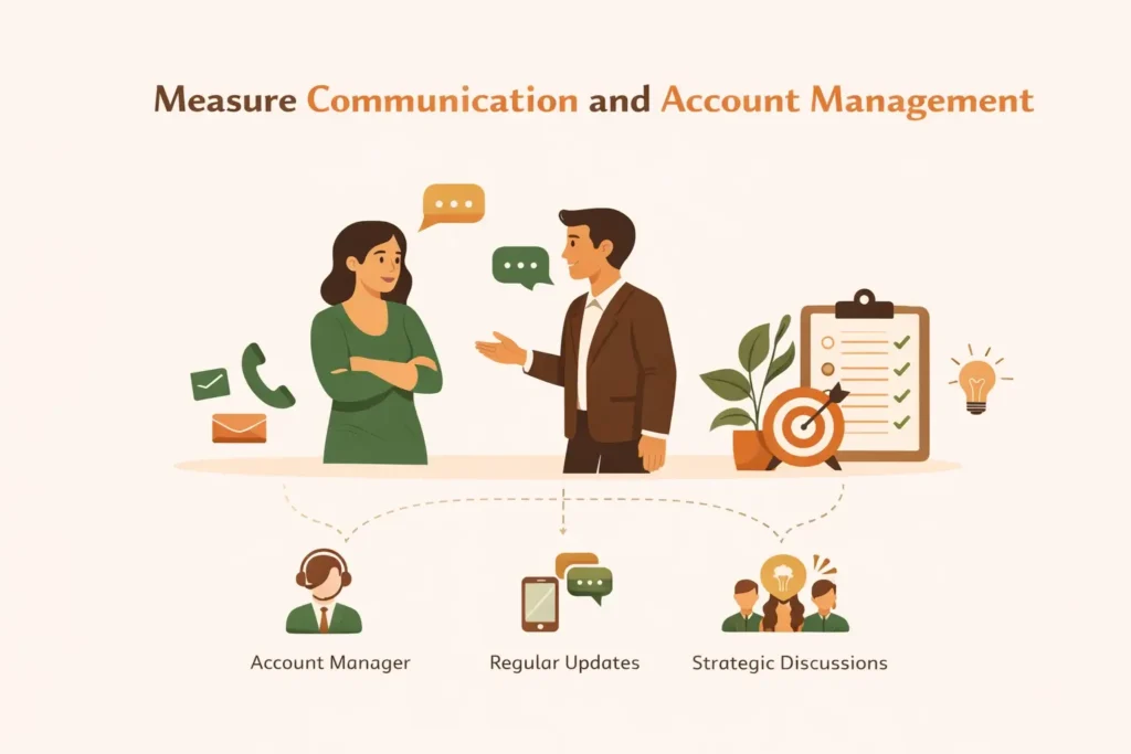 “Minimalist illustration showing a client and account manager communicating with chat icons, alongside symbols of updates, strategy planning, and task management, representing effective communication and account management in influencer marketing.”
