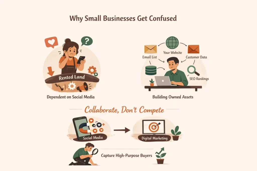 “Minimalist infographic illustrating why small businesses get confused between social media and digital marketing, showing a stressed business owner relying on social media (rented land) versus a calm entrepreneur building owned assets like website, email list, customer data, and SEO, with visual cues emphasizing collaboration between both strategies to capture high-intent buyers.”
