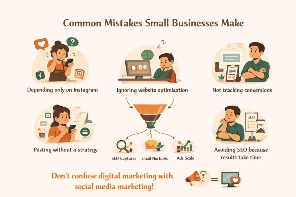 Minimalist infographic showing common marketing mistakes small businesses make, including over-reliance on Instagram, ignoring website optimization, not tracking conversions, posting without strategy, and avoiding SEO, illustrated with animated characters and icons around a central marketing funnel emphasizing outcomes over activity.
