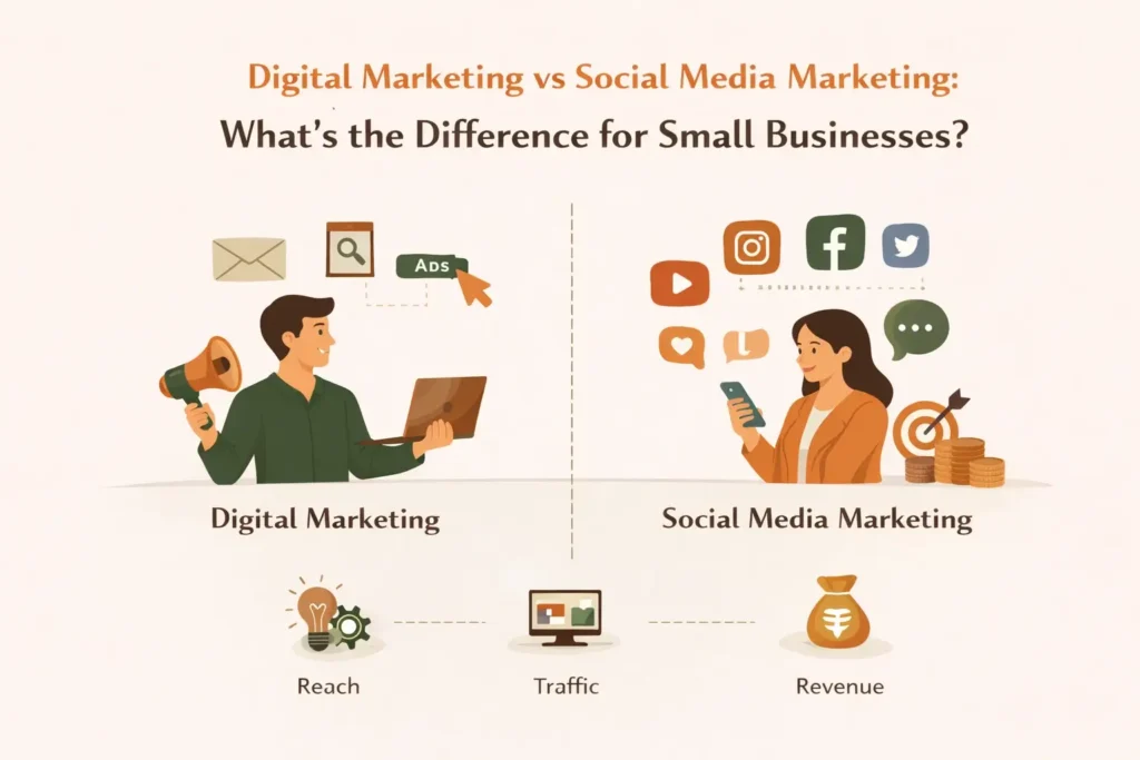 “Minimalist infographic comparing digital marketing and social media marketing, showing a professional using multiple digital channels on one side and social platforms on the other, with shared goals like reach, traffic, and revenue illustrated in clean earthy tones.”