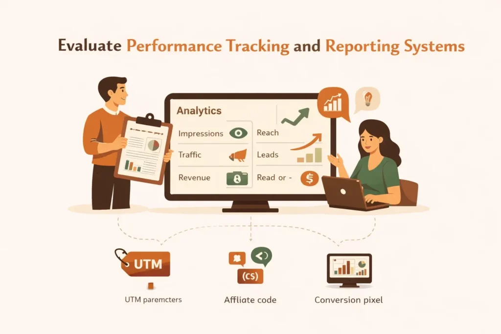 “Minimalist illustration showing professionals analyzing influencer campaign performance on a dashboard, with metrics like impressions, reach, traffic, leads, and revenue, along with tracking tools such as UTM parameters and conversion systems in earthy tones.”