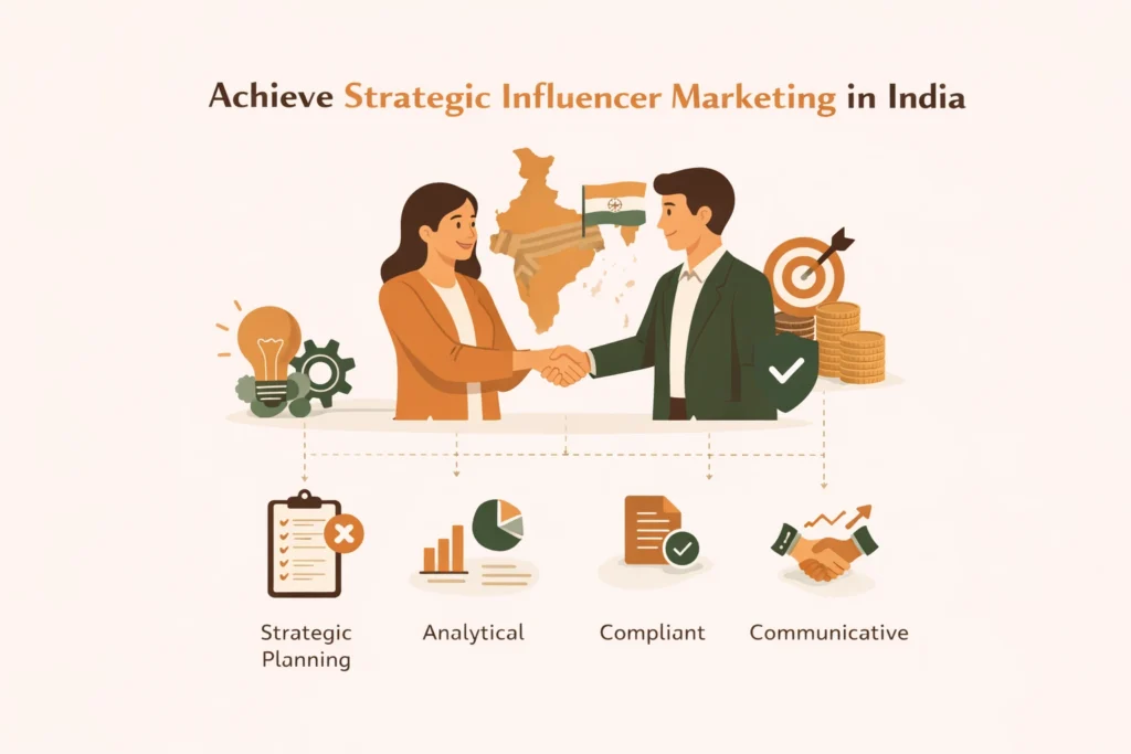 “Minimalist illustration showing two professionals shaking hands in front of an India map, supported by icons for strategy, analytics, compliance, and communication, representing a strategic influencer marketing partnership in clean earthy tones.”