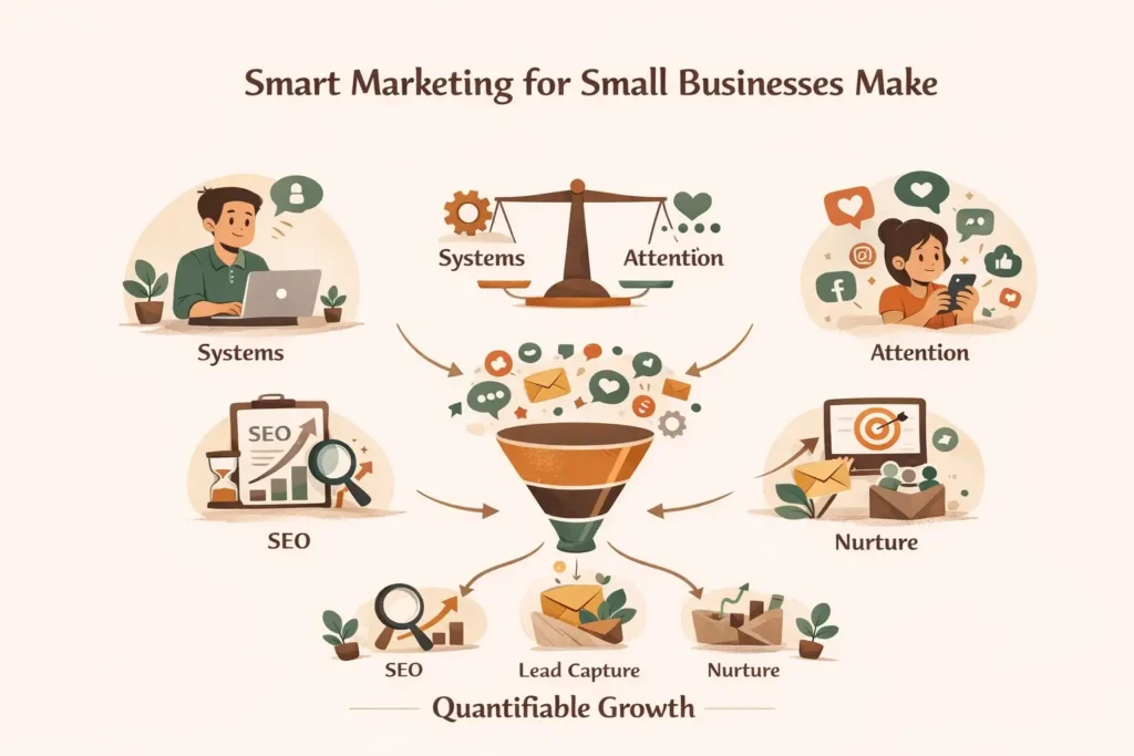 “Minimalist infographic illustrating how small businesses achieve sustainable growth by combining digital marketing systems and social media attention, featuring animated characters, a balance between systems and attention, and a central funnel with elements like SEO, lead capture, and customer nurturing leading to measurable growth.”