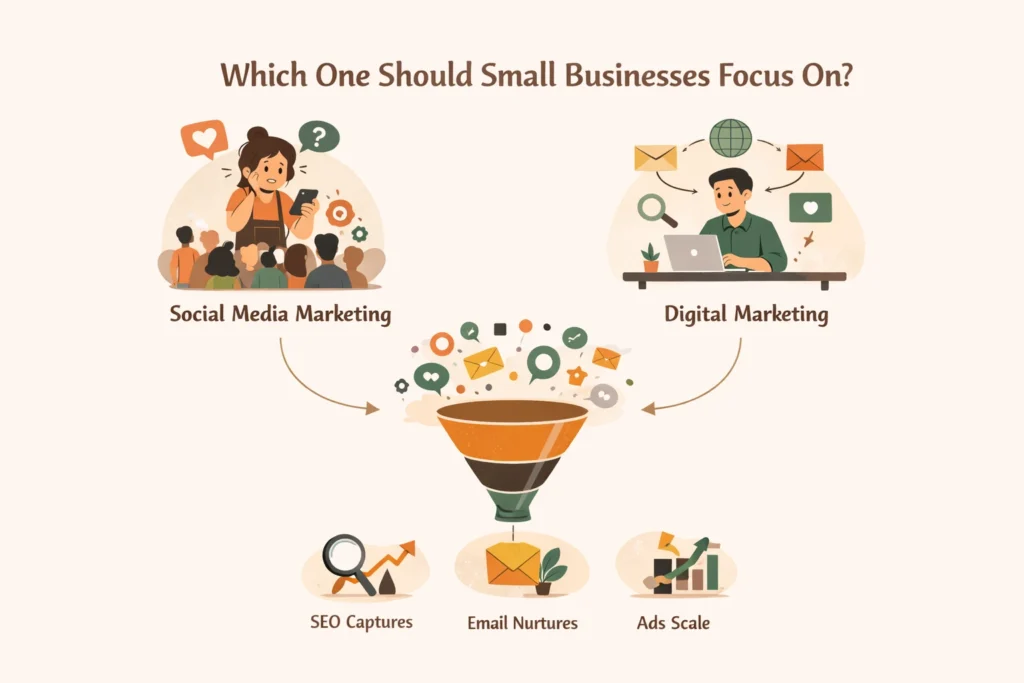 “Minimalist infographic showing whether small businesses should focus on social media or digital marketing, featuring animated characters representing each channel feeding into a central funnel, with visual icons for SEO, email marketing, and ads illustrating a structured marketing funnel from attraction to conversion.”