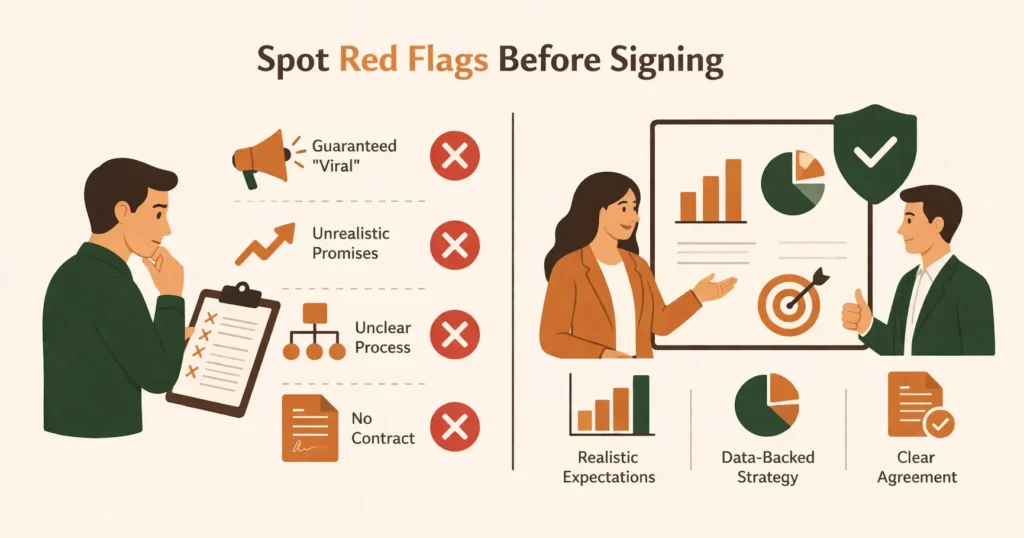 “Minimalist infographic showing warning signs before choosing an influencer marketing agency, including red flags like unrealistic promises and unclear processes, contrasted with data-driven strategy and clear agreements, illustrated with clean animated characters and earthy tones.”