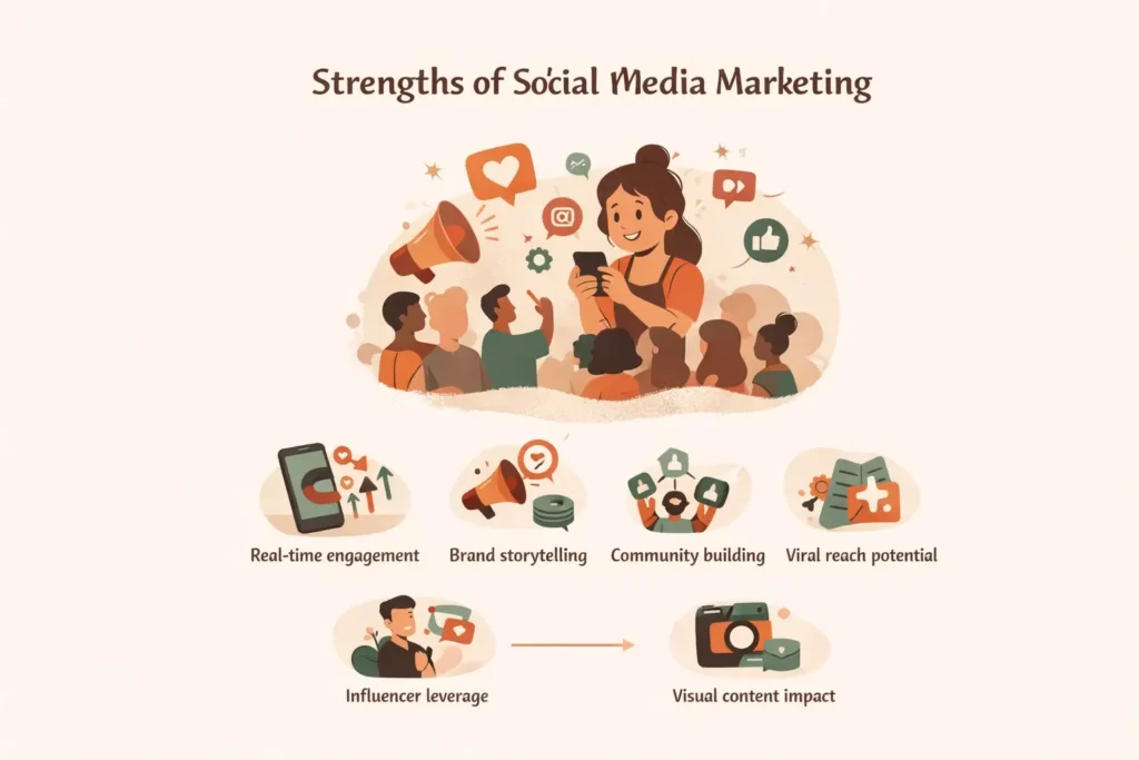 “Minimalist infographic illustrating the strengths of social media marketing, featuring animated characters engaging on a smartphone with icons representing real-time engagement, brand storytelling, community building, viral reach, influencer collaboration, and visual content impact, highlighting its role in building visibility for small businesses.”