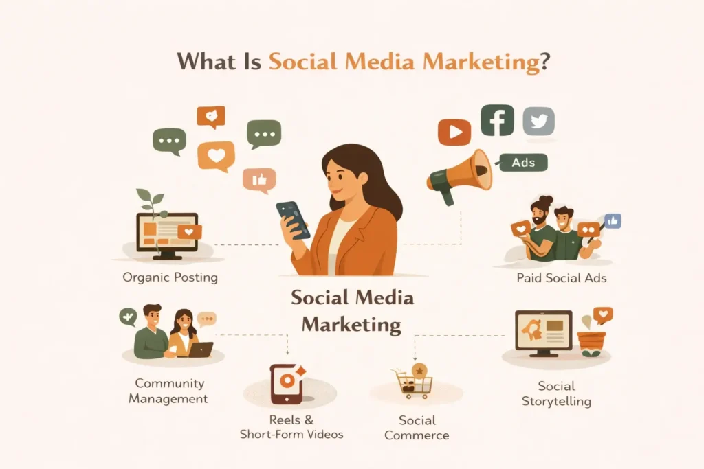 “Minimalist infographic showing a person using a smartphone surrounded by icons representing social media marketing activities such as organic posting, community management, paid ads, influencer collaboration, short-form videos, storytelling, and social commerce in earthy tones.”